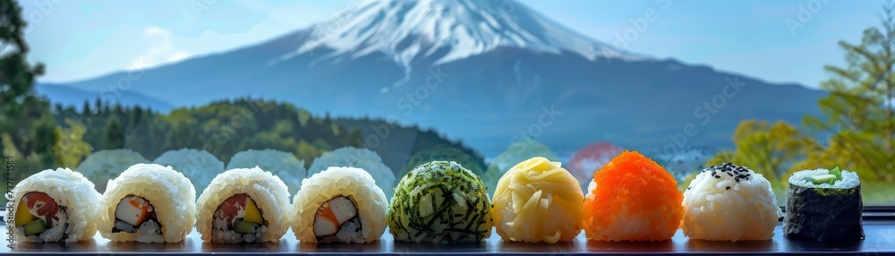 Naklejka premium Japanese Onigiri convenience picnic Mount Fuji backdrop