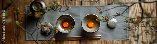 Elegant Japanese Kaiseki dinner seasonal ingredients minimalist setup photo