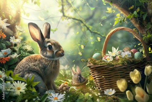 Happy Easter Eggs Basket easter cherry blossom. Bunny in flower easter dazzling decoration Garden. Cute hare 3d greeting easter rabbit spring illustration. Holy week thankful card wallpaper Rosewood