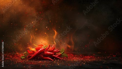 A vivid red chili pepper captured up close, its edges embraced by licking flames, radiating heat and spice