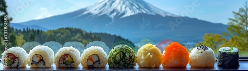 Japanese Onigiri convenience picnic Mount Fuji backdrop