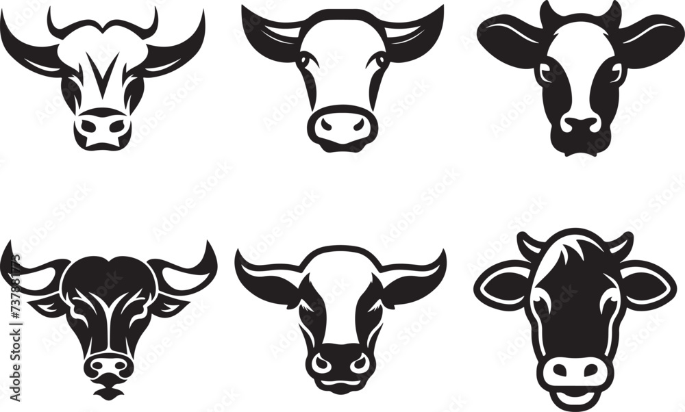Bull and buffalo head cow animal mascot logo design vector. Black and white cow illustration. Set cow silhouette. Minimalist and Flat Logo, solid white background, illustration