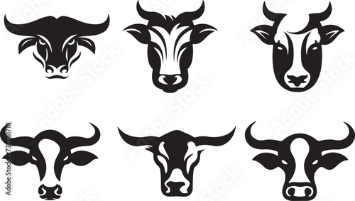 Bull and buffalo head cow animal mascot logo design vector. Black and white cow illustration. Set cow silhouette. Minimalist and Flat Logo, solid white background, illustration