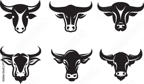 Bull and buffalo head cow animal mascot logo design vector. Black and white cow illustration. Set cow silhouette. Minimalist and Flat Logo, solid white background, illustration