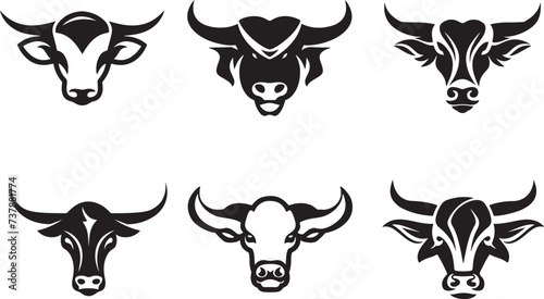 Bull and buffalo head cow animal mascot logo design vector. Black and white cow illustration. Set cow silhouette. Minimalist and Flat Logo, solid white background, illustration