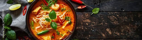 Malaysian Laksa coconut curry soup bustling local market setting