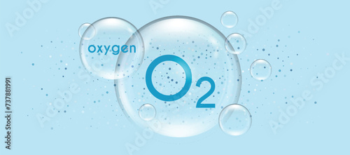 Oxygen molecule in a transparent 3d bubble. Clean water and air icon. O2 chemical element. Vector illustration on blue background