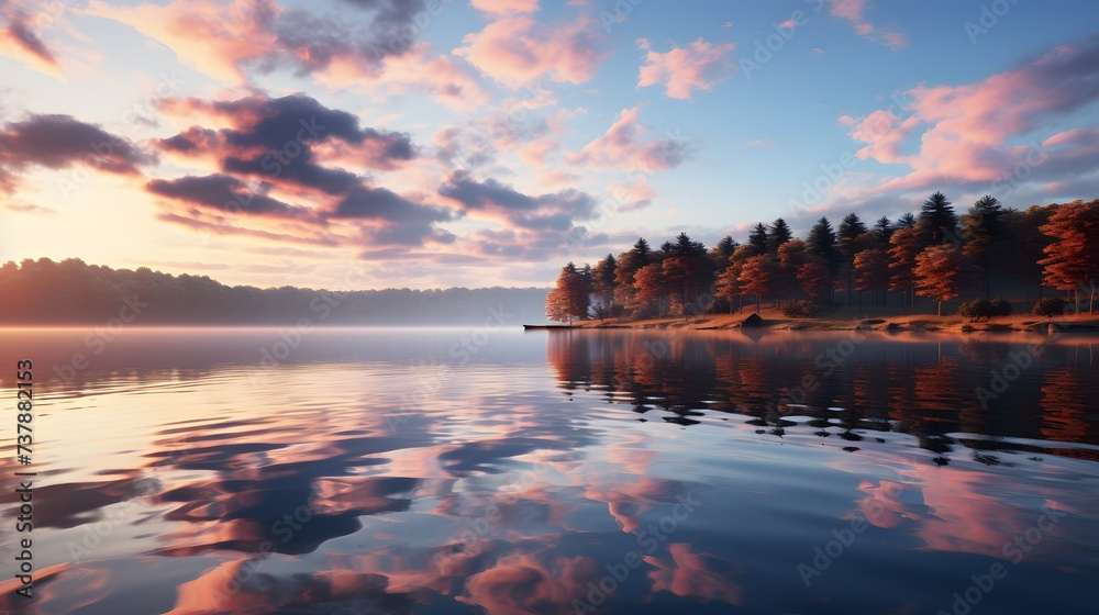 The smooth, reflective surface of a calm lake at dawn, capturing the perfect mirror image of the surrounding trees and the soft pastel colors of the sky, in a serene, high-definition 8K image.