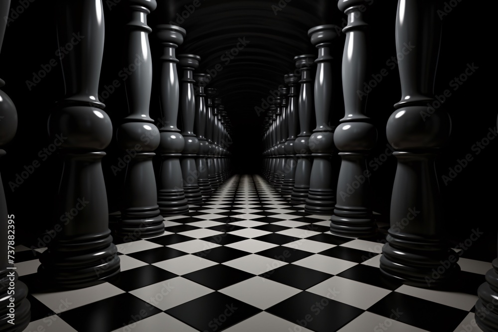 a black and white checkered floor with columns - obrazy, fototapety, plakaty 