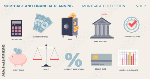 Mortgage and financial planning to buy real estate in tiny collection set. Labeled elements with bank money, savings, interest rate calculation and approved loan for new apartment or house purchase.