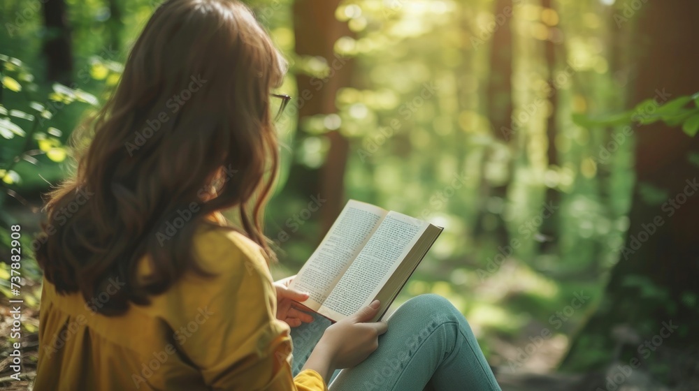Serenity in woods with young person engrossed in literature, harmony with nature Serenity in woods with young person engrossed in literature, harmony with nature