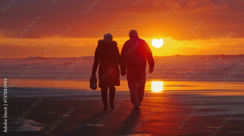 Sunset beach stroll by an elderly couple, hand in hand, romance in air Sunset beach stroll by an elderly couple, hand in hand, romance in air