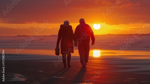 Sunset beach stroll by an elderly couple, hand in hand, romance in air