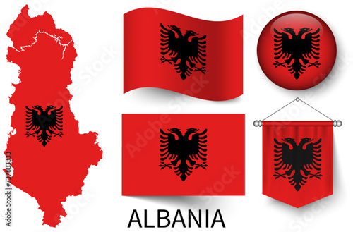 The various patterns of the Albania national flags and the map of Albania's borders