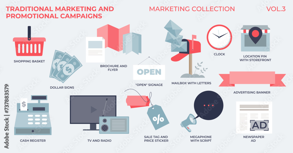 Traditional marketing and business marketing campaigns tiny collection ...