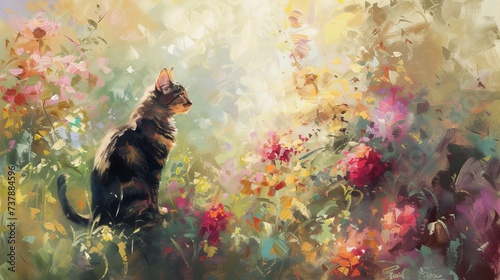 Fototapeta Naklejka Na Ścianę i Meble -  Playful animals in a garden oil painting