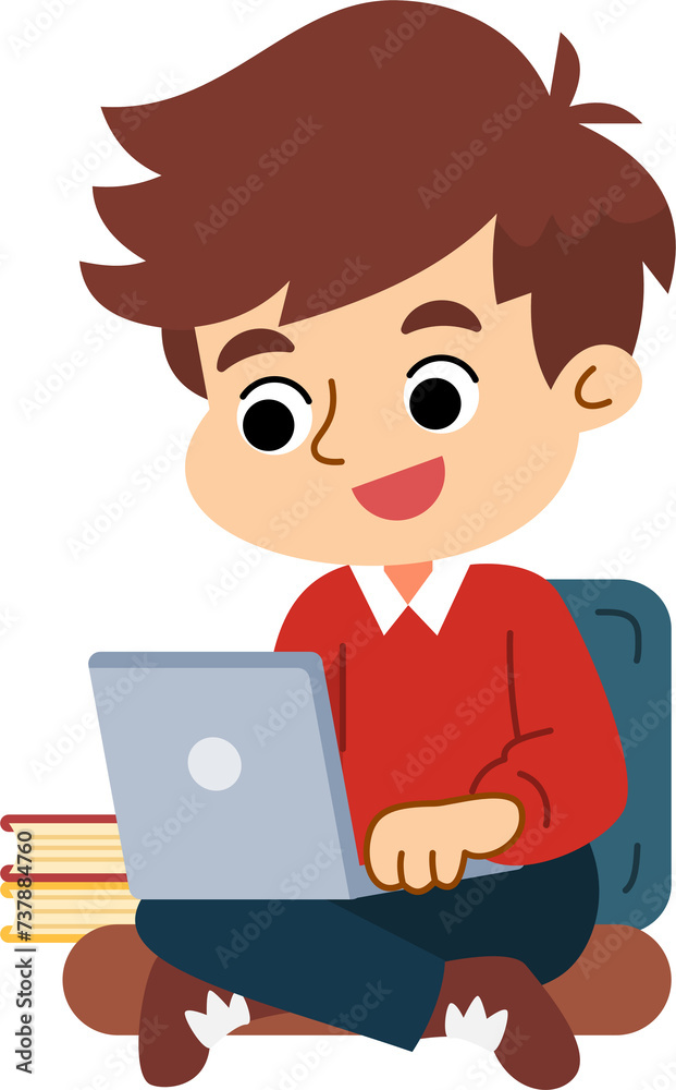 The cute boy is relaxing and enjoying using the computer laptop. Flat style cartoon illustration. The cute boy is relaxing and enjoying using the computer laptop. Flat style cartoon illustration.