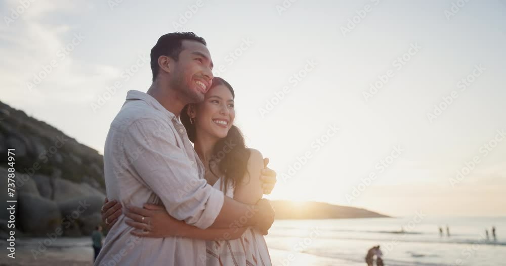 Couple, beach and hug with love on holiday in nature and sightseeing for bonding together by sunset. Man, woman or happy for commitment on honeymoon vacation, embrace or travel for romantic by sea Couple, beach and hug with love on holiday in nature and sightseeing for bonding together by sunset. Man, woman or happy for commitment on honeymoon vacation, embrace or travel for romantic by sea