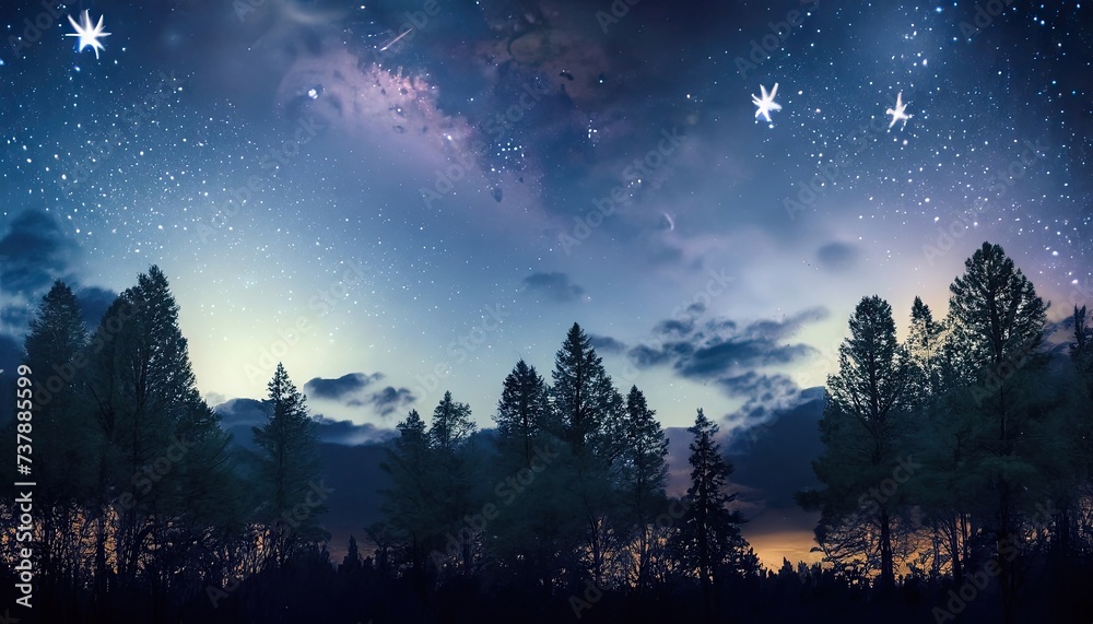 Night forest with cloudy sky with stars