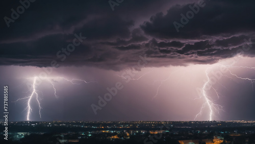  lightning strikes over a city at night with a dark sky, 