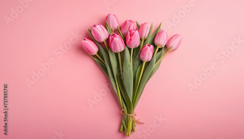 Beautiful composition spring flowers. Bouquet of pink tulips flowers on pastel pink background. Valentine's Day, Easter, Birthday, Happy Women's Day, Mother's Day.
