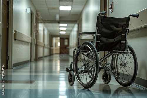In the hospital setting, a wheelchair stands ready, representing assistance and movement