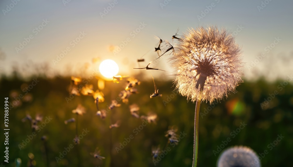 blowball In Field At Sunset - Seeds In Air Blowing