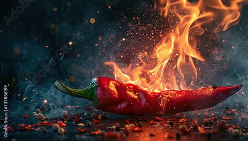 A close-up capture of a fiery red chili pepper with flames dancing along its edges.