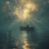 Ethereal Nighttime Journey - Lone Figure in a Boat Under a Starry Sky