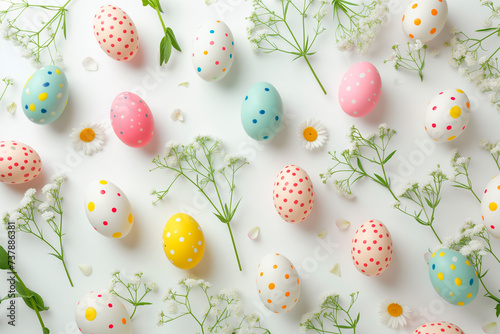 Easter pattern with colored eggs, yellow and white flowers on white background