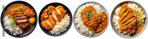 Chicken katsu, curry and rice on a plate, top view