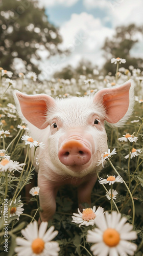 Cute pig in camomile field. Spring, summer concept. 