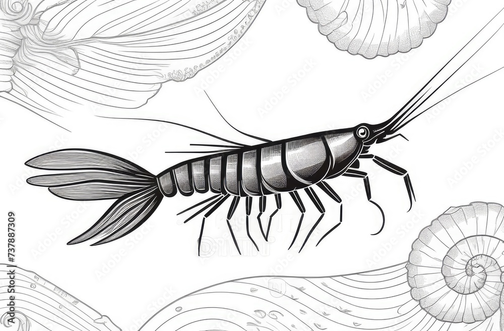 detailed line art drawing of a shrimp isolated on white background., engraving illustration. detailed line art drawing of a shrimp isolated on white background., engraving illustration.
