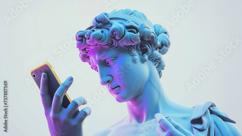 Ancient Greek marble man sculpture holds a phone in his hands and looks at the screen. Man statue communicates on a social network using a cellphone photo