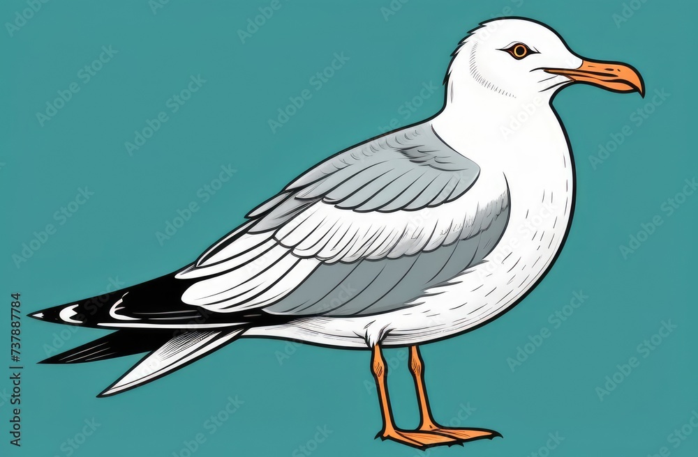 Obraz premium Seagull on ground isolated on turquoise background with orange beak, wings folded, illustration.