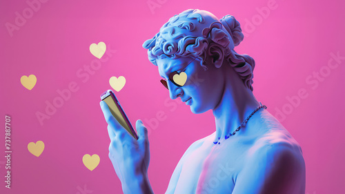 Ancient Greek marble man sculpture in sunglasses receiving hearts on social media using cellphone. Man statue communicates on a social network using a phone.
