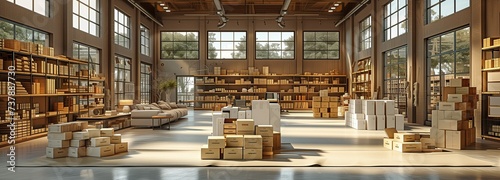 a big logistics facility with large shelves full of cardboard boxes