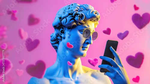 Ancient Greek marble man sculpture in sunglasses receiving hearts on social media using cellphone. Man statue communicates on a social network using a phone. photo