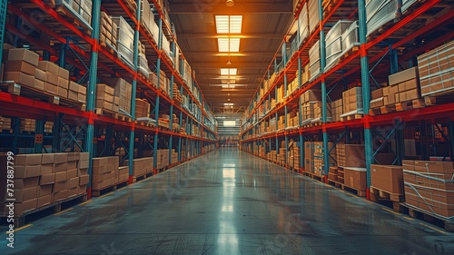 a big logistics facility with large shelves full of cardboard boxes © tongpatong