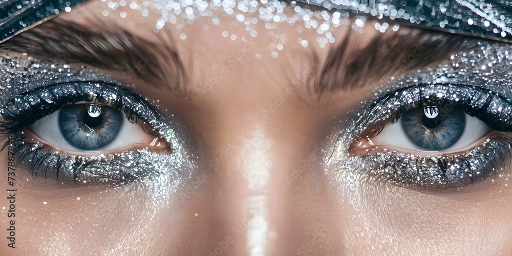 Womans eyes with shimmering silver smokey makeup and glittering facial accents. Concept Glamorous Eye Makeup, Shimmering Smokey Eyes, Glittering Facial Accents, Sparkling Beauty