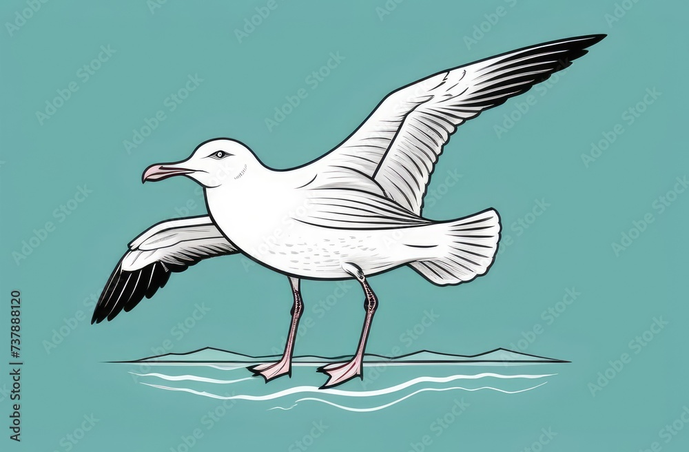 Obraz premium Seagull on ground isolated on turquoise background with orange beak, wings folded, illustration.