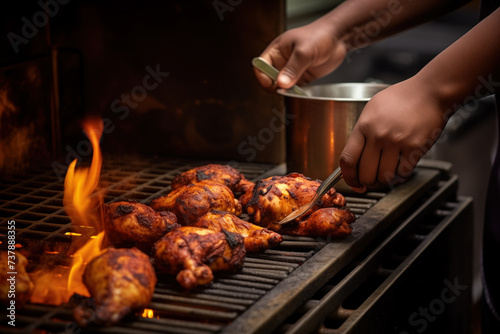 An Indian chef cooking and gilling Tandoori chicken in a commercial kitchen.  photo