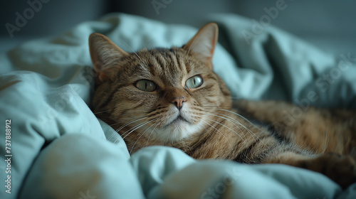 close up of a cat, a cat is laying down in bed wearing a shirt, in the style of firmin baes, happycore, candid moments captured, uniformly staged images, light navy and light cyan photo
