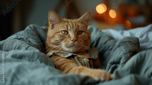 cat on the couch, a cat is laying down in bed wearing a shirt, in the style of firmin baes, happycore, candid moments captured, uniformly staged images, light navy and light cyan photo