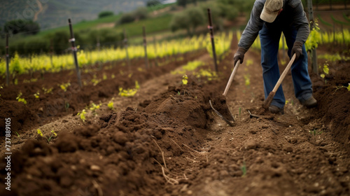 A vineyard worker carefully tills the soil between rows of gvines using natural and biodynamic ods to control weeds and maintain a healthy environment for the plants. This