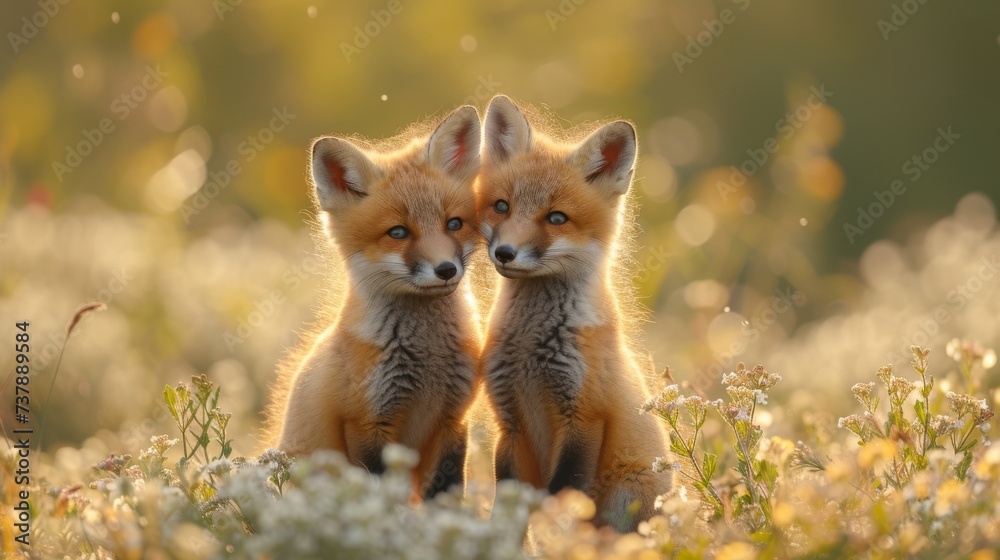 Obraz premium Playful Red Fox Kits in a Meadow: Adorable red fox kits frolicking in a sunlit meadow, capturing a heartwarming and playful moment