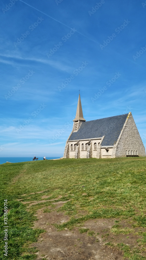 church Chapelle Notre-Dame-de-la-Garde on the cliff in the town of Etretat in Normandy, church Chapelle Notre-Dame-de-la-Garde on the cliff in the town of Etretat in Normandy,