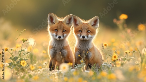 Playful Red Fox Kits in a Meadow: Adorable red fox kits frolicking in a sunlit meadow, capturing a heartwarming and playful moment © Nico