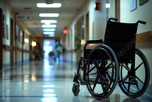 In the hospital setting, a wheelchair stands ready, representing assistance and movement