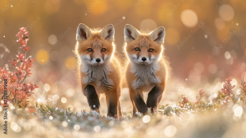 Playful Red Fox Kits in a Meadow: Adorable red fox kits frolicking in a sunlit meadow, capturing a heartwarming and playful moment